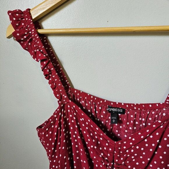 EUC EXPRESS POLKA DOT RED/WHITE FLUTTER STRAPS CINCHED SWEETHEART NECK TANK M - Picture 5 of 13